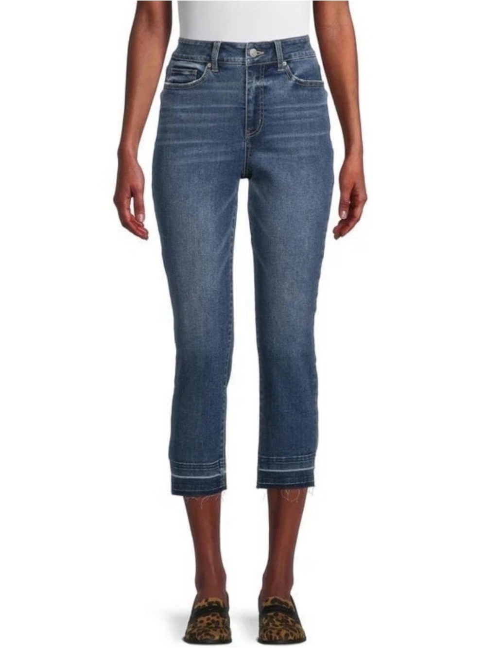 Time And Tru Women's High Rise Frayed Hem Straight Leg Crop Denim Jeans Size 12